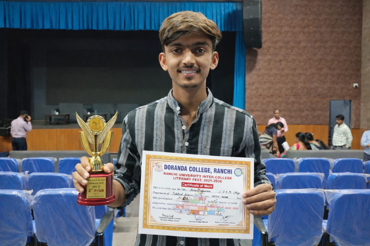 Mr. Aman Kumar, a student of the Department of Political Science, has secured the second position in the Inter-College Debate Competition organized by Ranchi University at Doranda College.